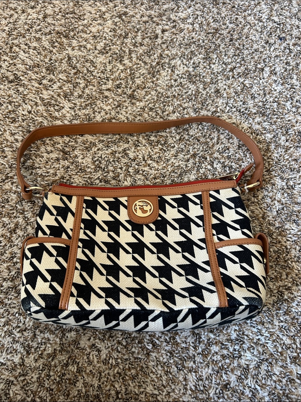 Spartina Black & White Houndstooth Shoulder Bag with Brown Trim